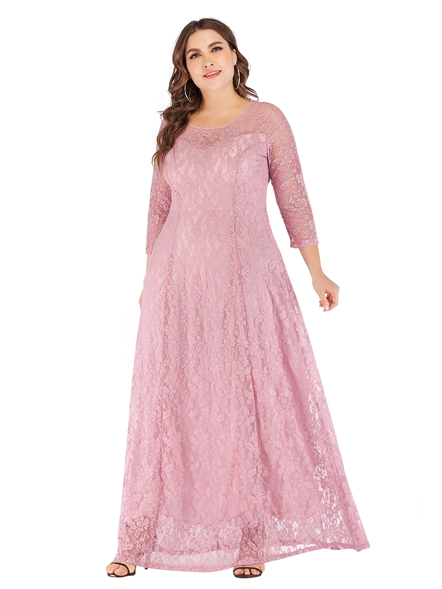 

celebrity luxury lace floral dresses Women Ladies 3/4 Sleeve wedding Bridesmaid party A line solid retro Long Dress 4xl 5xl 6xl