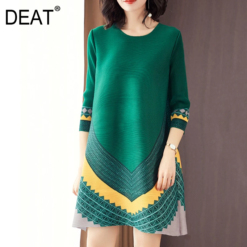 

[DEAT] 2019 New Fashion Women Summer Dress Panelled Pleated Print Three Quarter Sleeve O Neck Knee Length Loose Dresses NA943