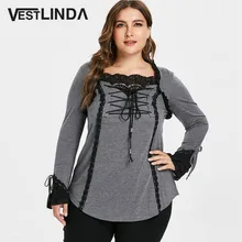 AZULINA женская футболка размера плюс с кружевными оборками Женские топы тройники на шнуровке Лоскутная футболка с длинным рукавом Повседневная Осенняя футболка