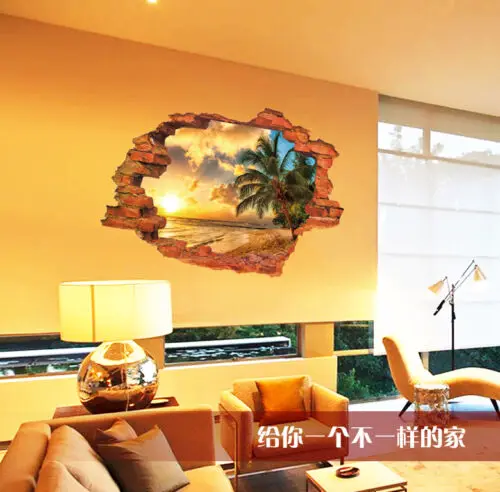 Palm Tree Beach 3D Window View Scene Removable Sticker Wall Decals Home decor