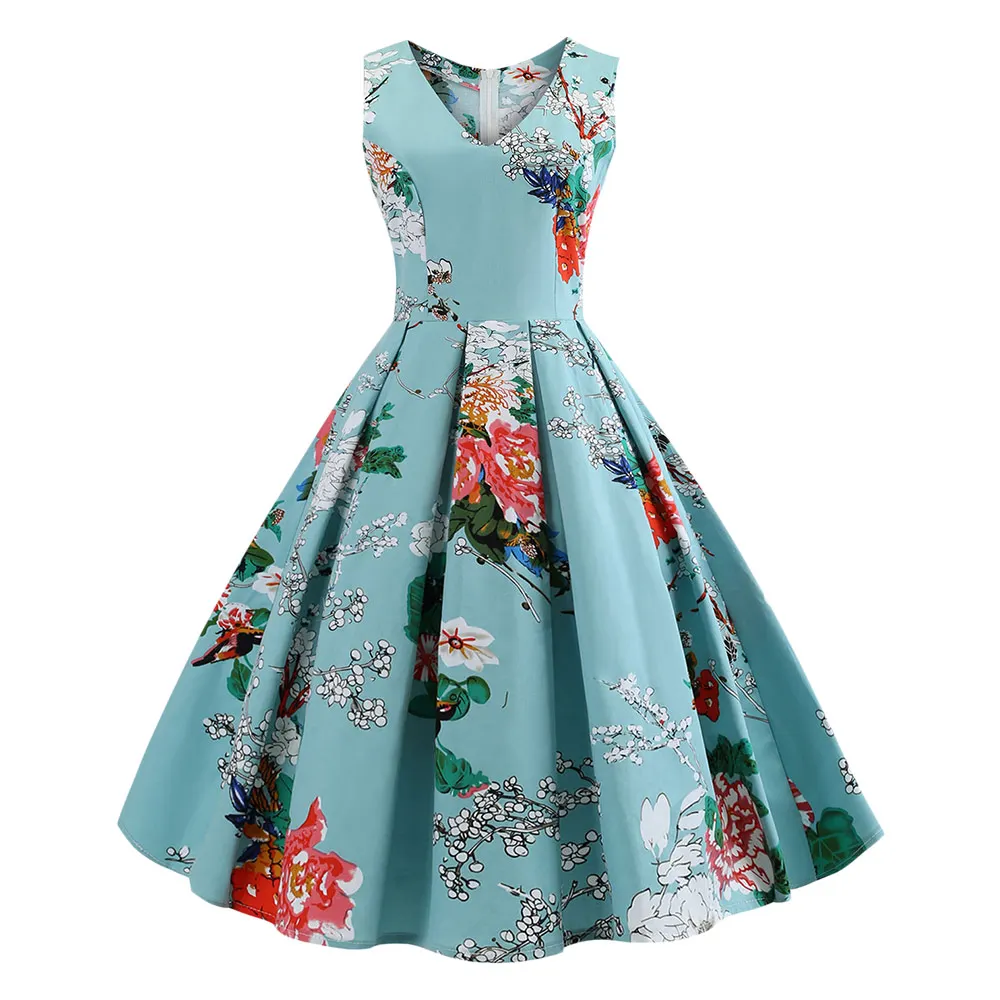 Joineles Plus Size Sleeveless Floral Pattern Women Vintage Dress V Neck ...