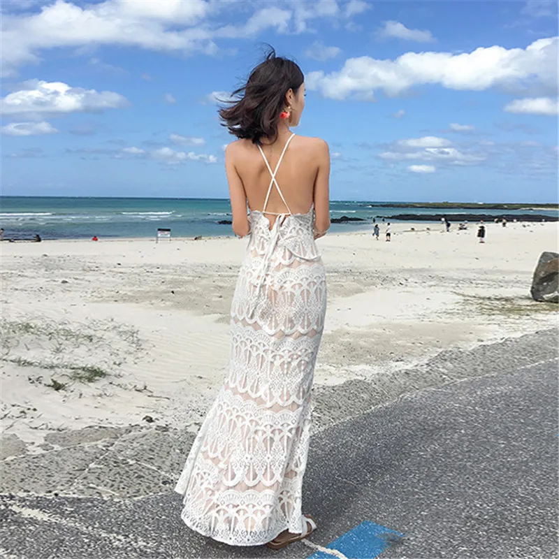 

Backless Strapless Spaghetti Sexy Lace Dress Elegant 2019 Summer Sleeveless White Dress Women Maxi Long Dresses Vestidos