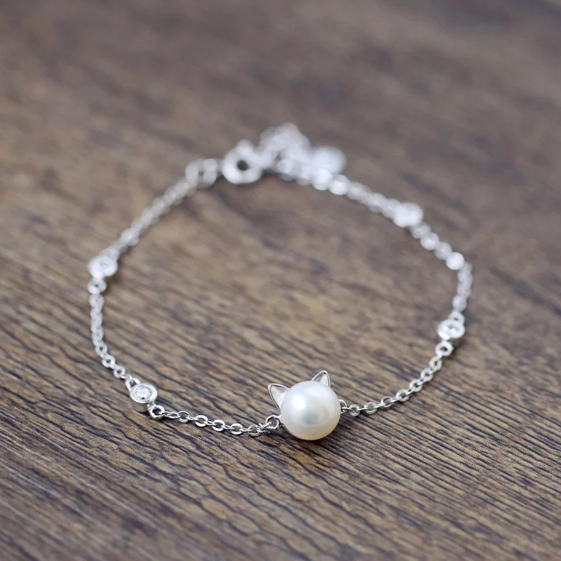 

Personality New Art 925 Sterling Silver Jewelry Female Simple Bar Cat pearl High-quality Popular Bracelet