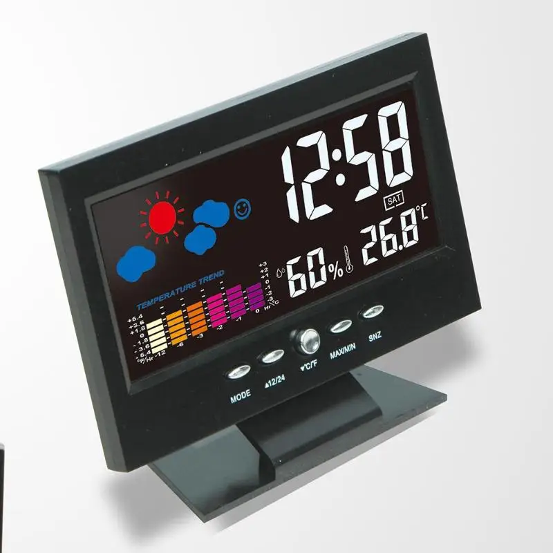 

Colorful LCD Calendar Digital Thermometer Hygrometer Indoor Outdoor Weather Station Alarm Clock Voice Control Backlight Temperature Tester