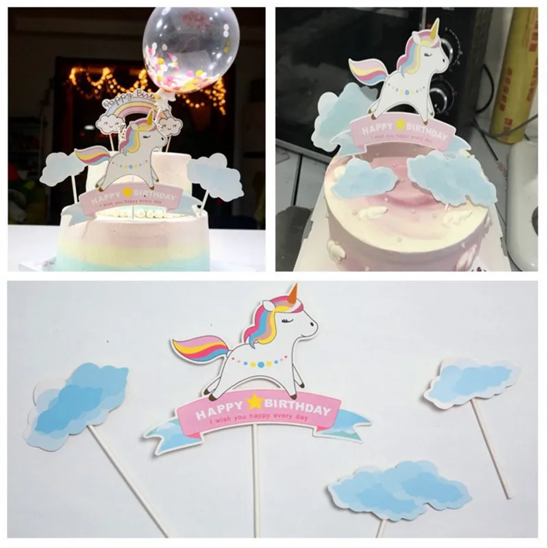 

4Pcs/set Pink Unicorn Cloud Rainbow Cake Topper Cake Dessert Table Birthday Party Decorations Kids Baby Shower Decorations-S