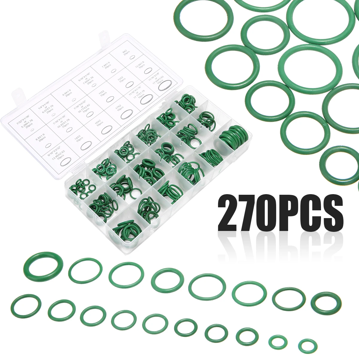 

Treyues 270pcs/Set 18 Sizes Rubber O-Ring Seals Car Auto Air Conditioning Repair HNBR Seal Green