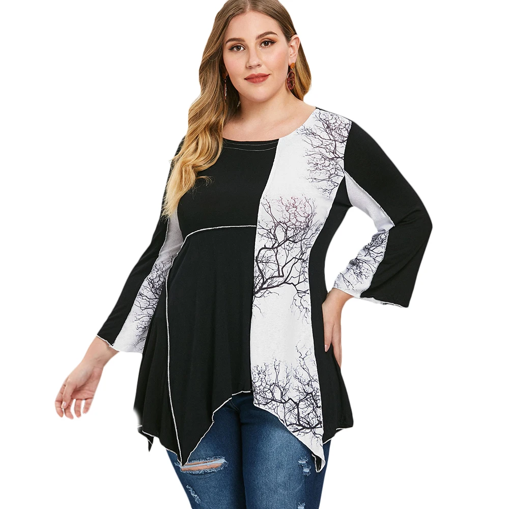 

Women T-Shirts Plus Size Tops Tree Print Elegant Spring Autumn Elastic Long Tee Shirts Femme Casual Asymmetric Tee 3XL Women Tee