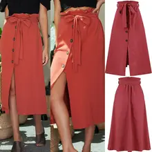 Женская летняя повседневная Однотонная юбка до середины икры с разрезом спереди и высокой талией, однобортная юбка на пуговицах, Юбки миди с эластичной резинкой на талии