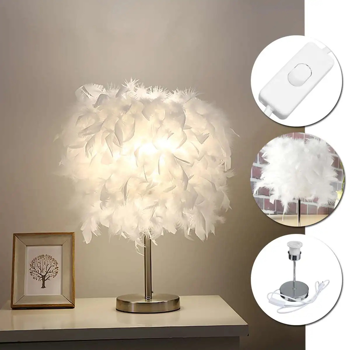 

220V Feather Shade Metal Table Lamp Bedside Desk Vintage Night Light Christmas Decor Soft Vintage Bedroom Study Room White