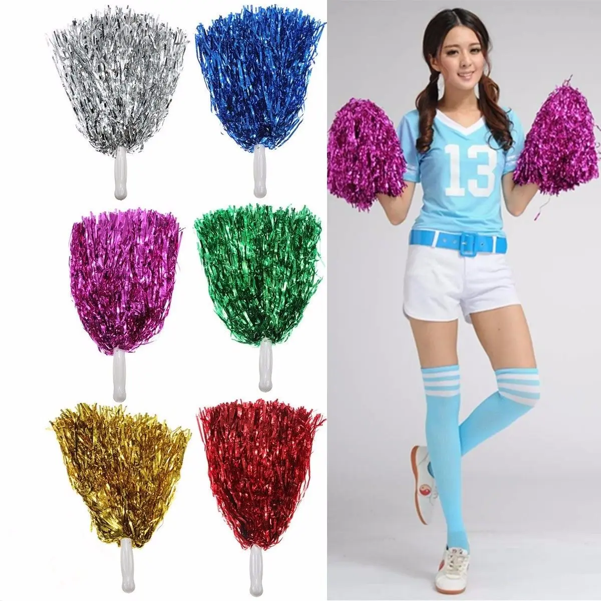 2Pcs Metallic Cheerleader Dance Party Dress Pom Poms Cheerleading