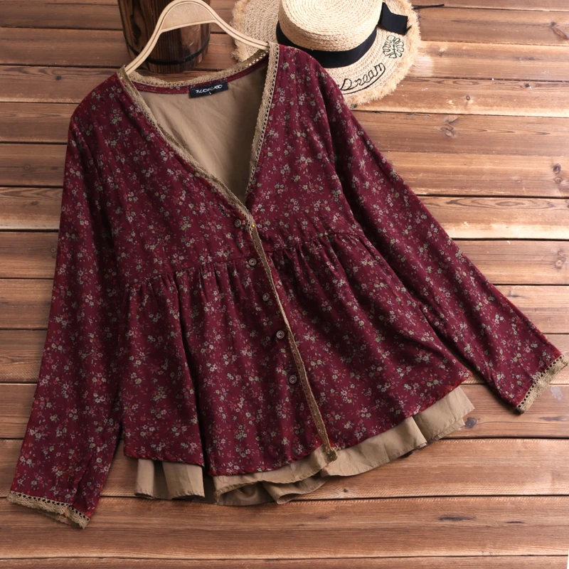 

Plus Size 5XL Retro Flower Floral Women Blouse Shirt Flax Long Sleeve V Neck Button Loose Doll Shirt Chemise Tunic Coat Autumn