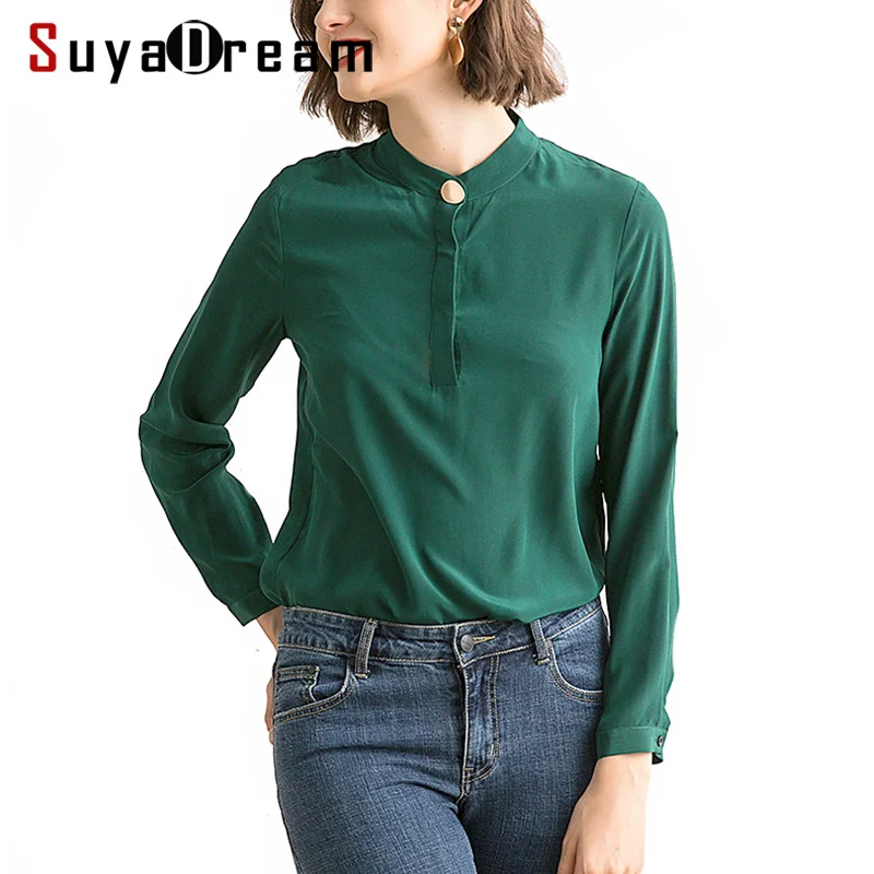 Women Silk Blouse 100 REAL SILK Crepe Green Stand collar Long Sleeved Blouses for Women 2019