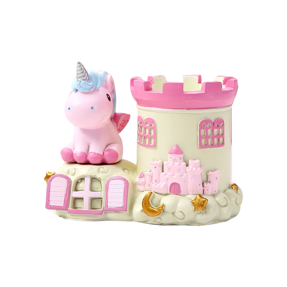 

Dream Unicorn Decor Art Craft Display Table Decor Pen Holder With LED Castle Cartoon Resin Unicorn Table Storage Pencil Holder