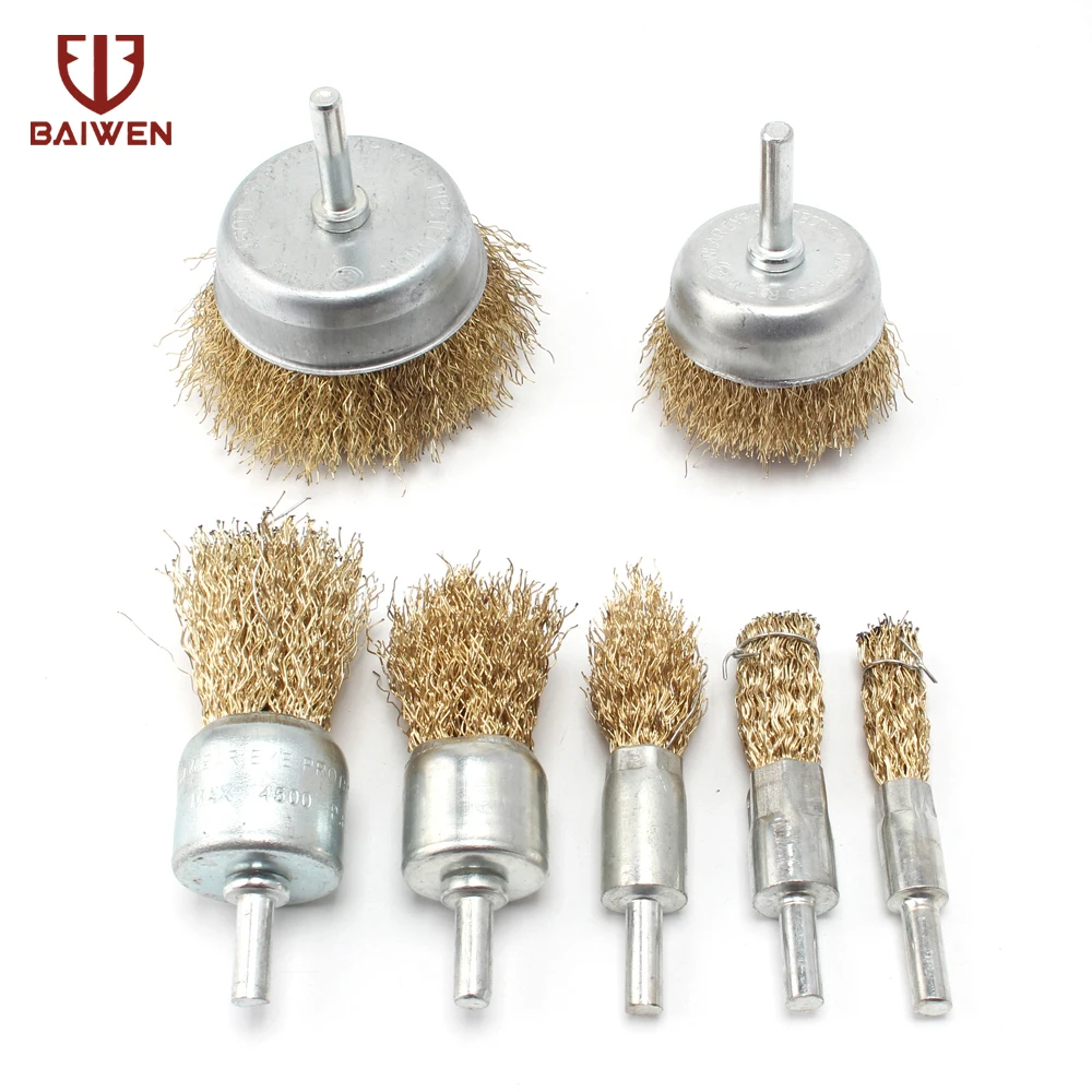 

7Pcs Brass Coated Wire Brush Pen & Cup Brush Set with 6mm Shank Drill Brush Set For Removal Rust/Corrosion/Paint