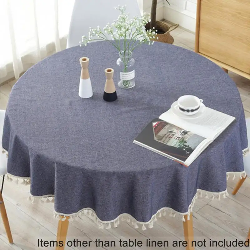 

Japanese style and wind simple color weave imitation cotton and linen tablecloth round plain solid color tassel table cloth