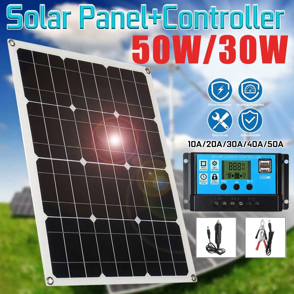 

Solar Panel 18V 50W 2 USB Solar Charger Solar Cells Poly Solar Panel + 10/20/30/40/50A Controller For 12V Car Battery MC4 Cable