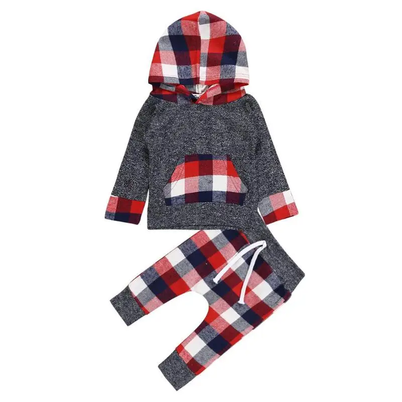 New 2pcs Plaid Toddler Clothes Set Baby Autumn Boy Girls Tops Hoodies