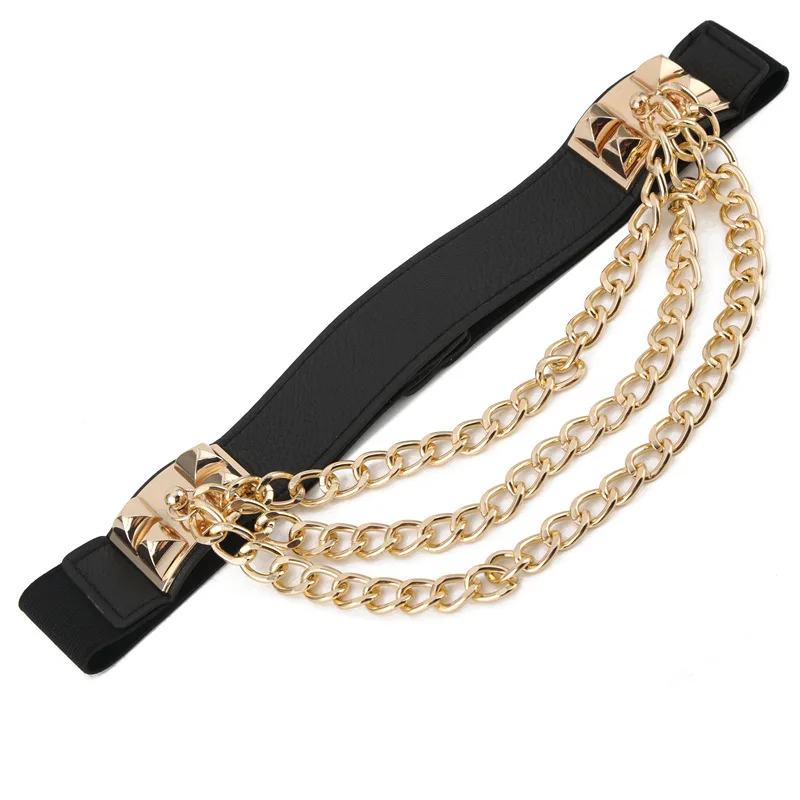 

Fashion Elastic Punk Dress Belt For Women Rivet Metal Gold Chain Waistband Ladies Leather Female Luxury Brand Belt For Dresses