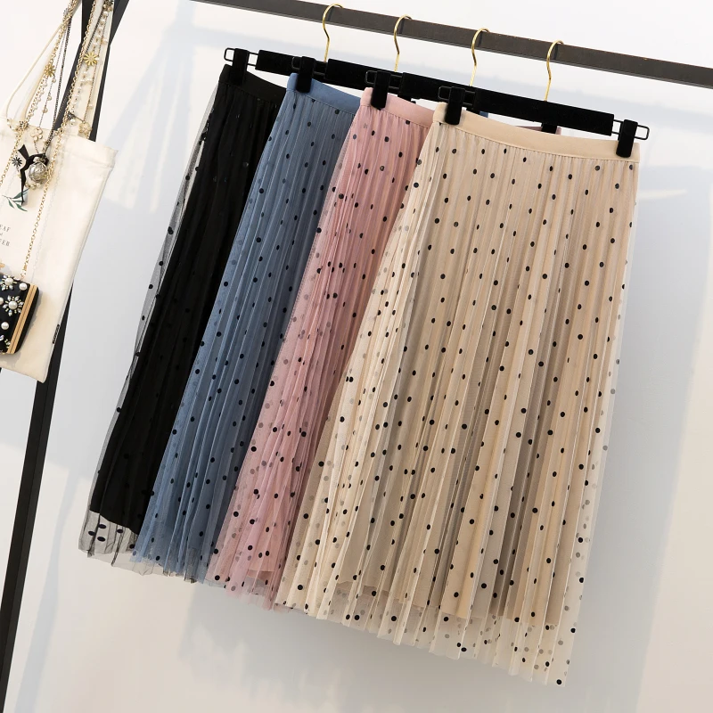 

Oversize Mesh Skirts Women 3XL Plus size Two sides wear pleated skirt loose Dot Pattern Velvet Skirt Elegant 2019 Spring Winter