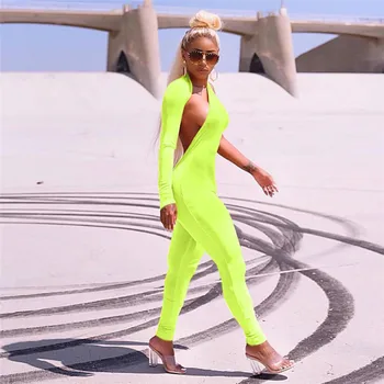 

Sexy Autumn Winter Neon Color One Shoulder Halter Jumpsuit Women Rompers Skinny Long Sleeve Backless Overalls Sexy Jumpsuit