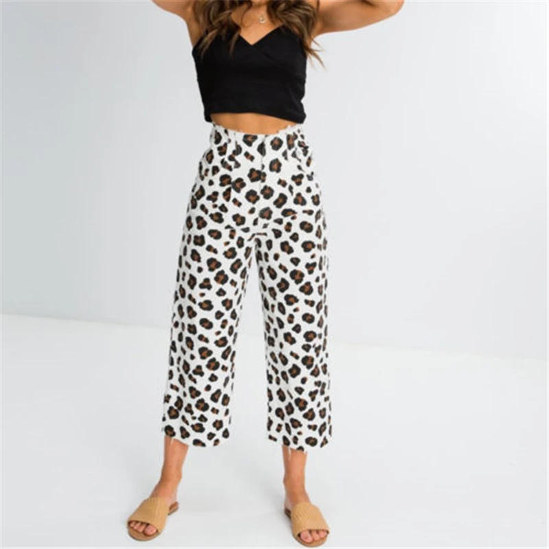 Женская мода с высокой талией Длинные свободные повседневные брюки женские леопардовые летние до щиколотки брюки с принтом