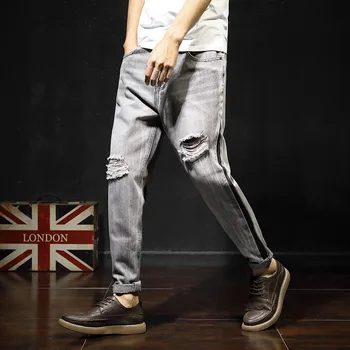 

#2037 Japanese Streetwear Ripped Jeans For Men With Holes Stretch Denim Hip Hop Mens Jeans Regular Fit Vintage Fashion Plus Size