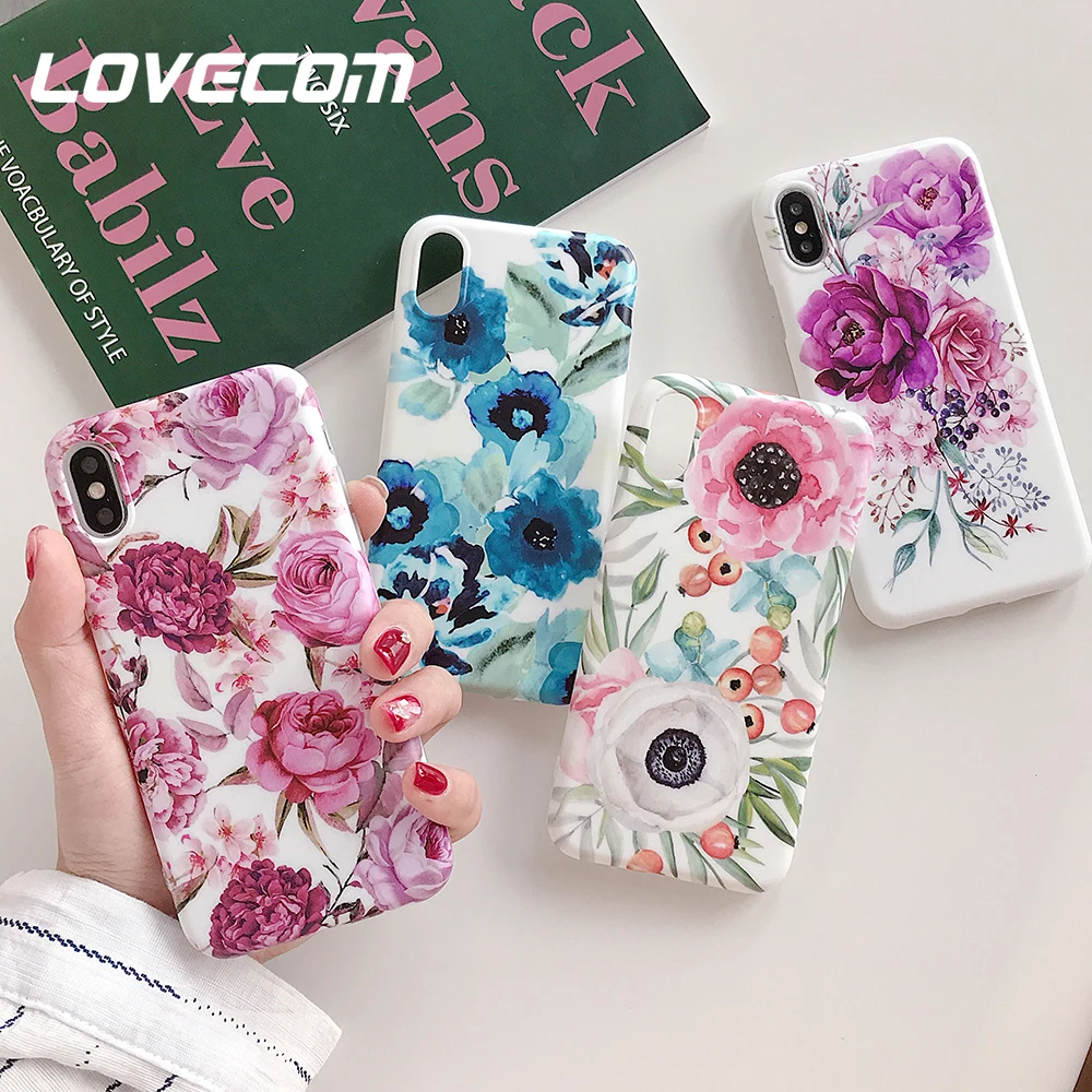 

LOVECOM Retro Flower Phone Case For iPhone X XS XS Max X 8 7 Plus 6 6S Soft IMD Phone Protector Full Body Coverage Floral Shell
