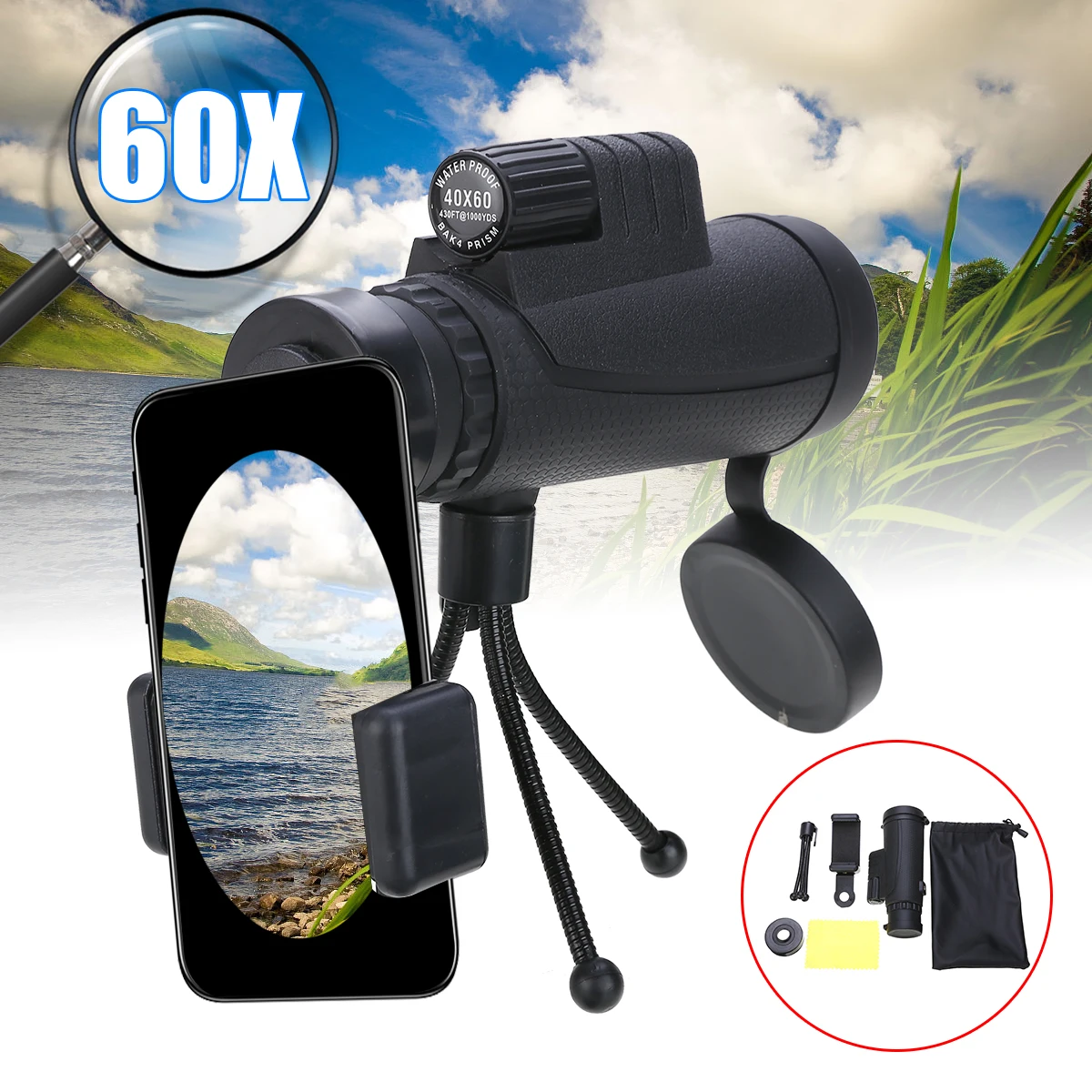 

High Quality 40X60 Zoom Camera Lens Single HD Monocular Telescope + Tripod Kits For Mobile Phone for Outdoor Hunting