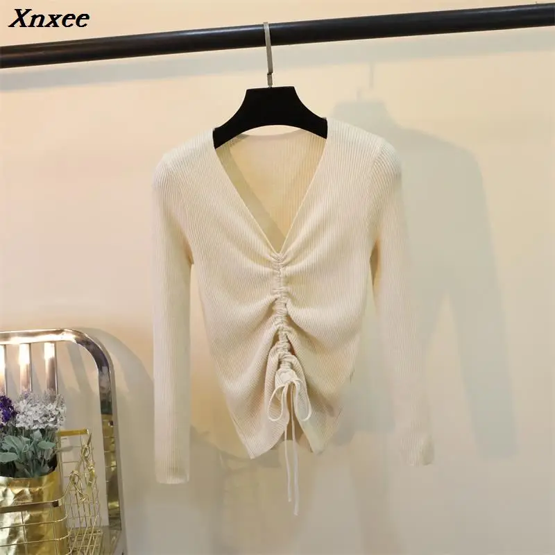 Sweater Women Sexy Off Shoulder V-Neck Solid Drawstring Women Sweaters Knitted Jumper Tops Long Sleeve Pullover Sweater Xnxee