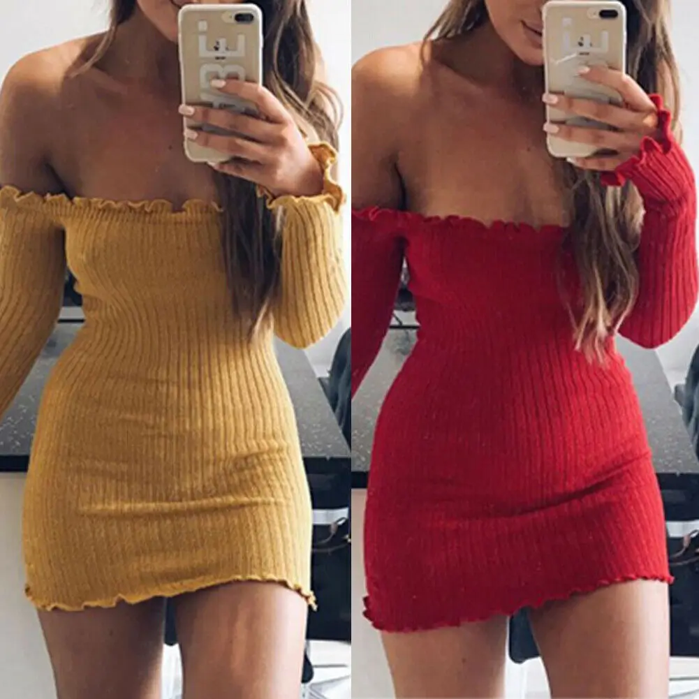 

2019 Newest Hot Slash Neck Women Knitted Long Sleeves Short Mini Dress Off Shoulder Autumn Winter Slim Evening Party Dreeses