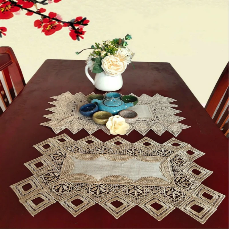 

New Splicing Layered Cloth Cotton Linen Pure Color Lace Towel Multipurpose Rectangle Tea Table Dustproof Household Tablecloth