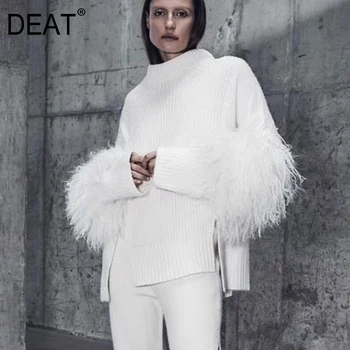 

DEAT 2020 new spring fashion turtleneck lantern sleeves fur patchwork knits pullover elastic loose french sweater WC35100L