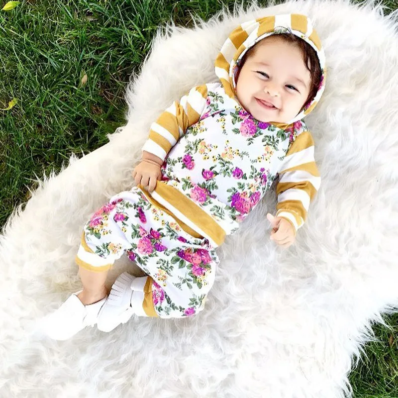 

pudcoco 0-2T kid autumn New baby GIRL clothes Kids Baby Girls Long Sleeve Hooded Sweatshirt Tops Floral Pants 2pcs Outfits Set