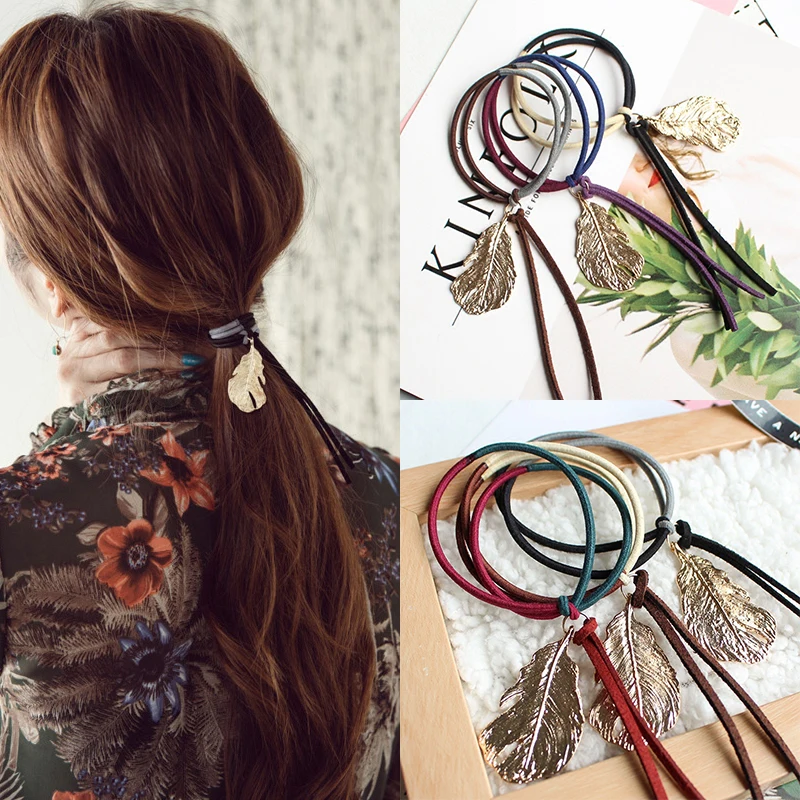 Горячее предложение корейское Ретро металлическое перо два цвета кольцо для волос для женщин кисточка листья волосы веревка инструмент