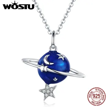 

WOSTU 925 Sterling Silver Blue Planet Star Moon Pendant Necklace For Women Dazzling Style Unique Delicate Jewelry Gift CTN007