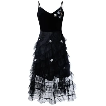 

Sexy Dress Women 2019 V-Neck Backless High Quality Tulle Sequin Long Sling Dresses Party Vacation Dress Female