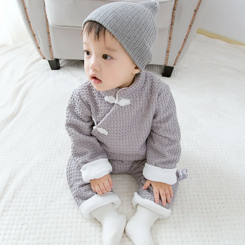 

Boy Newborn Plus Long-sleeved Velvet Winter Overalls Obliquely Baby Girl Style Jumpsuit Open Chinese Single-breasted Clothes