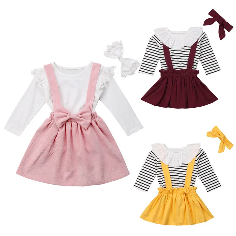 

Princess ruffles outfits Fashion Hot sale 2019 Kids Toddler Sweet big bowknot autumn suits long sleeve top skirts headbands 3pcs