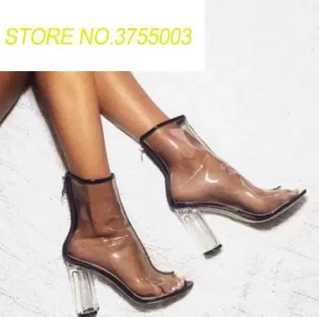 

2018 Summer Transparent Chunky Heel Ladies Sexy Rain Boots Hot PVC Women Peep Toe Ankle Boots New Fashion Free Style Short Boots