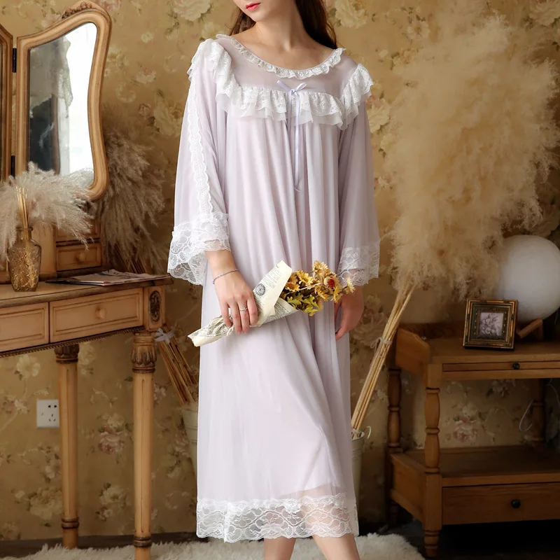 Elegant Princess Purple Lace Sleepdress Autumn Court Sleepwear O Neck