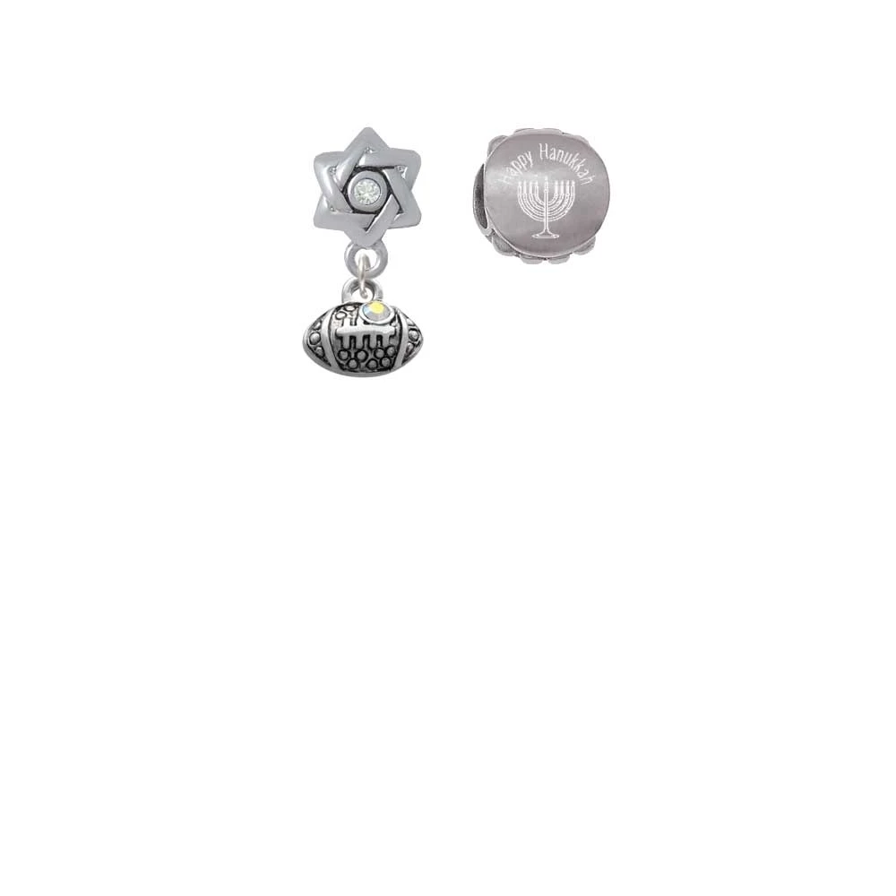 Silvertone Mini Football with AB Crystal Happy Hanukkah Charm Beads (Set of 2) |