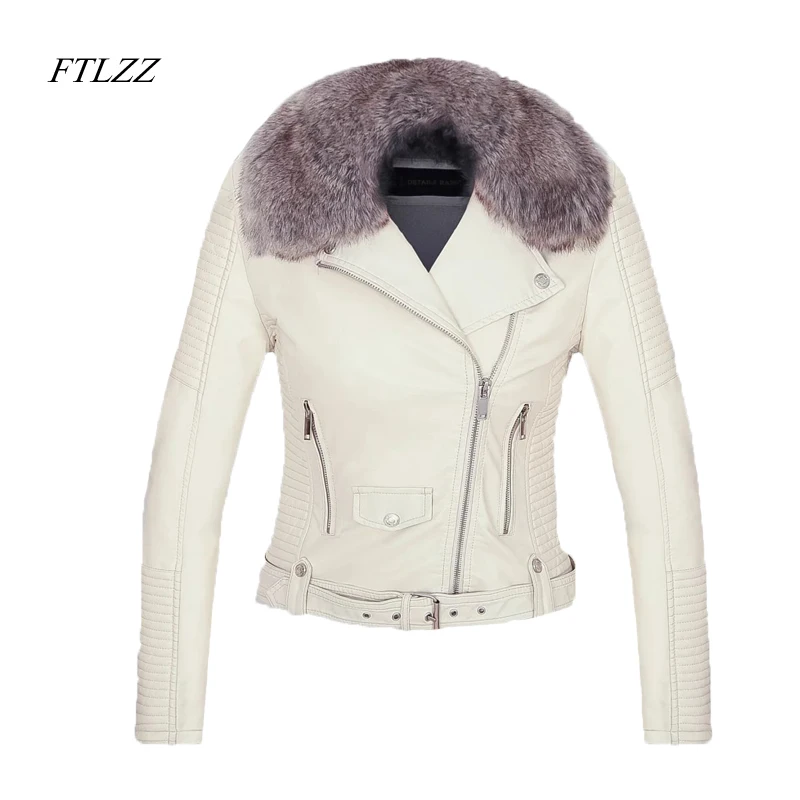 

FTLZZ New 2019 Women Winter Faux Leather Jacket Warm Large Fur Collar Lady Motorcycle Pu Faux Soft Leather White Black Pink Coat
