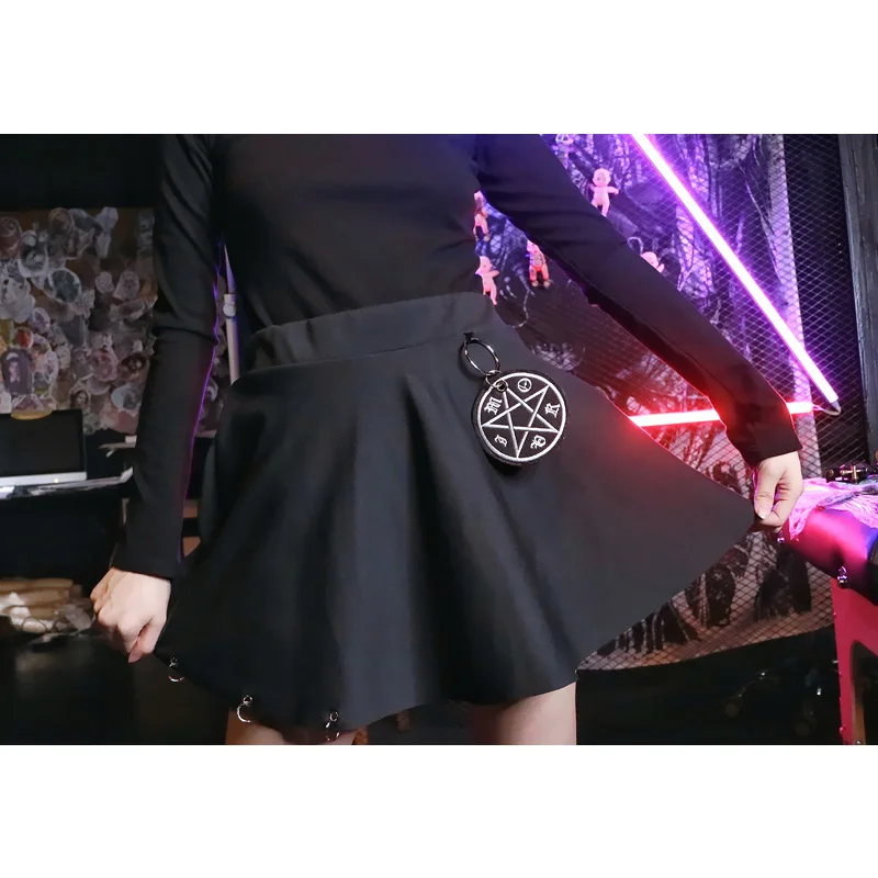 Черный Harajuku пастельный готический Для женщин юбки с цепочкой Высокая Талия