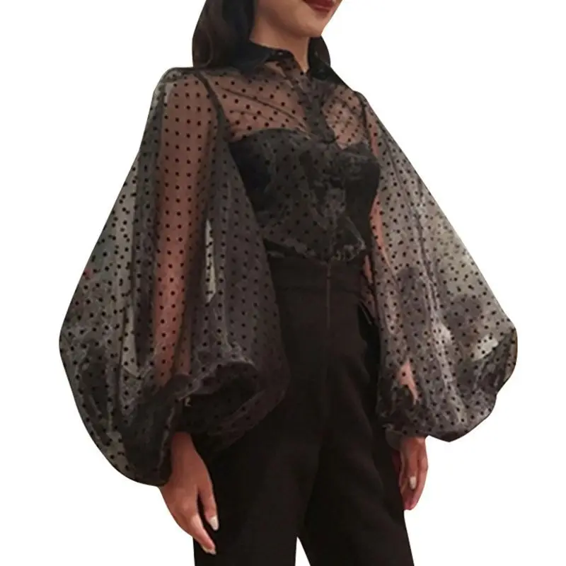 

2019 Summer Women Polka Dot Print Shirt Black White Mesh Transparent Blouses Lantern Long Sleeve Organza Blouses