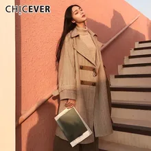 CHICEVER, винтажная куртка для женщин, пальто, женское, свободное, с завышенной талией, на шнуровке, двубортное, в клетку, женские шерстяные пальто, одежда