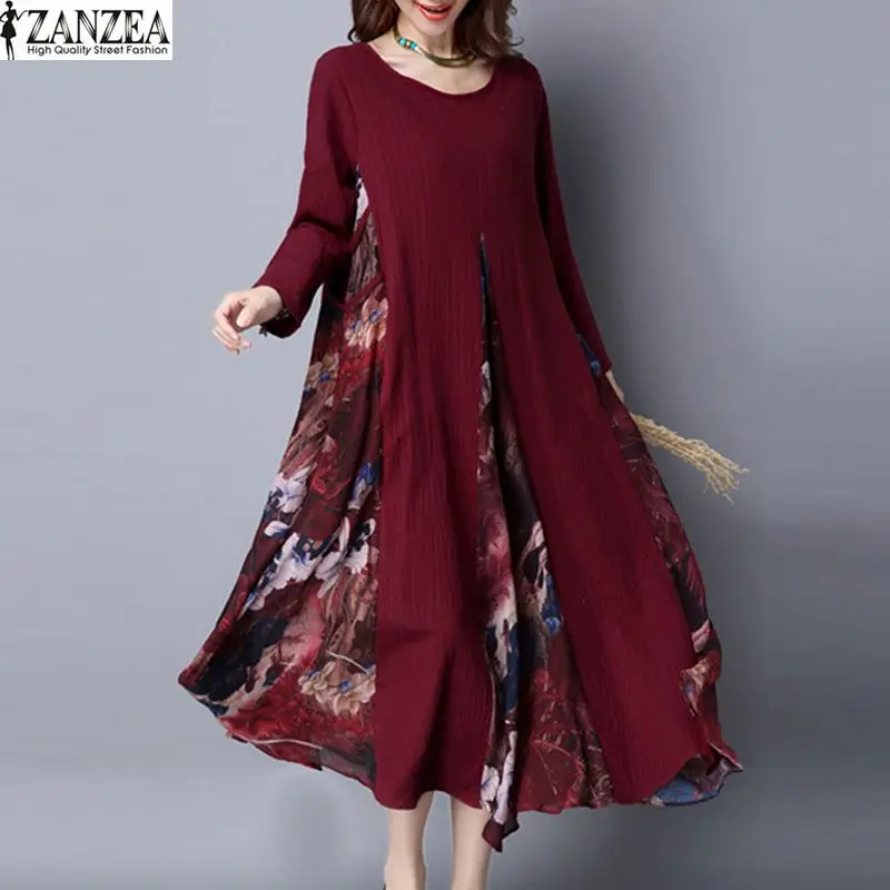 Billig 2019 ZANZEA Damen Vintage Blumen Druck Lange Hülse Langes Kleid Frühling Patchwork Baumwolle Leinen Maxi Vestido Robe Sommerkleid