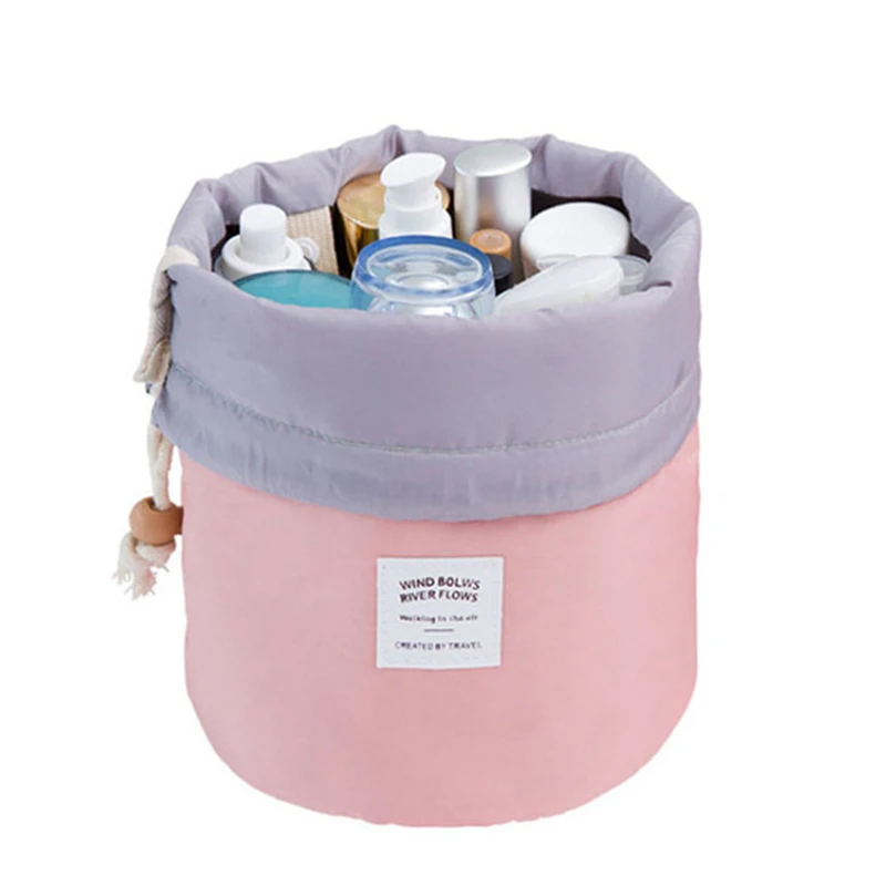 

Fashion Barrel Shaped Drawstring Travel Cosmetic Bag Make Up Bag Elegant Drum Wash Kit Bags Makeup Organizer Storage Beauty Bag