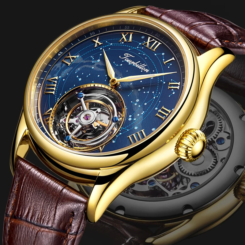 Customized Luxury Mens Mechanical Watches Star Sky Austrian Crystal Zircons 24K Gold Original Tourbillon Hollow Movement Watches