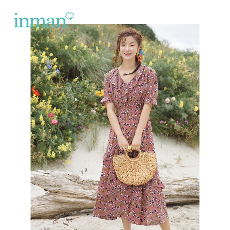 

INMAN 2019 Summer New Arrival V-neck Literary Retro Floral Holiday Style Defined Waist Slim A-line Women Long Dress