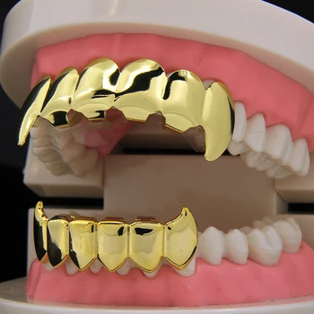

Custom 14k Gold Plated Hip Hop Teeth Grillz Caps Top & Bottom Grill Fang Set K-Pop Style